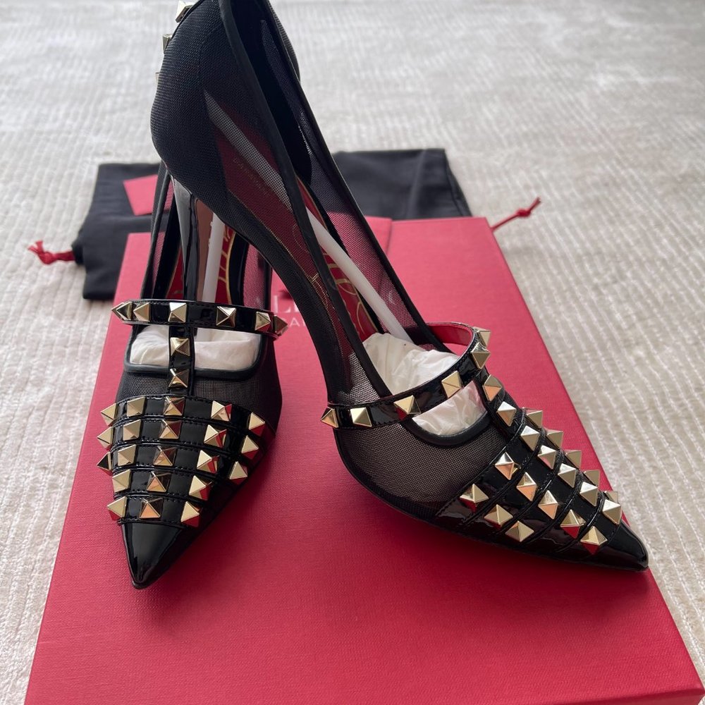 NEW! SHOES VALENTINO - ROCKSTUD PATENT-LEATHER PUMP 100 MM - SIZE 37 - Picture 10 of 16